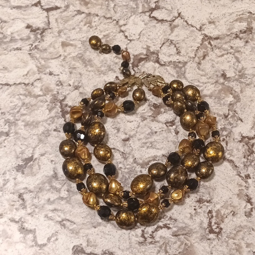 Elegant Vintage 1950's-1960's Deauville Gold and Black Beaded Choker Necklace